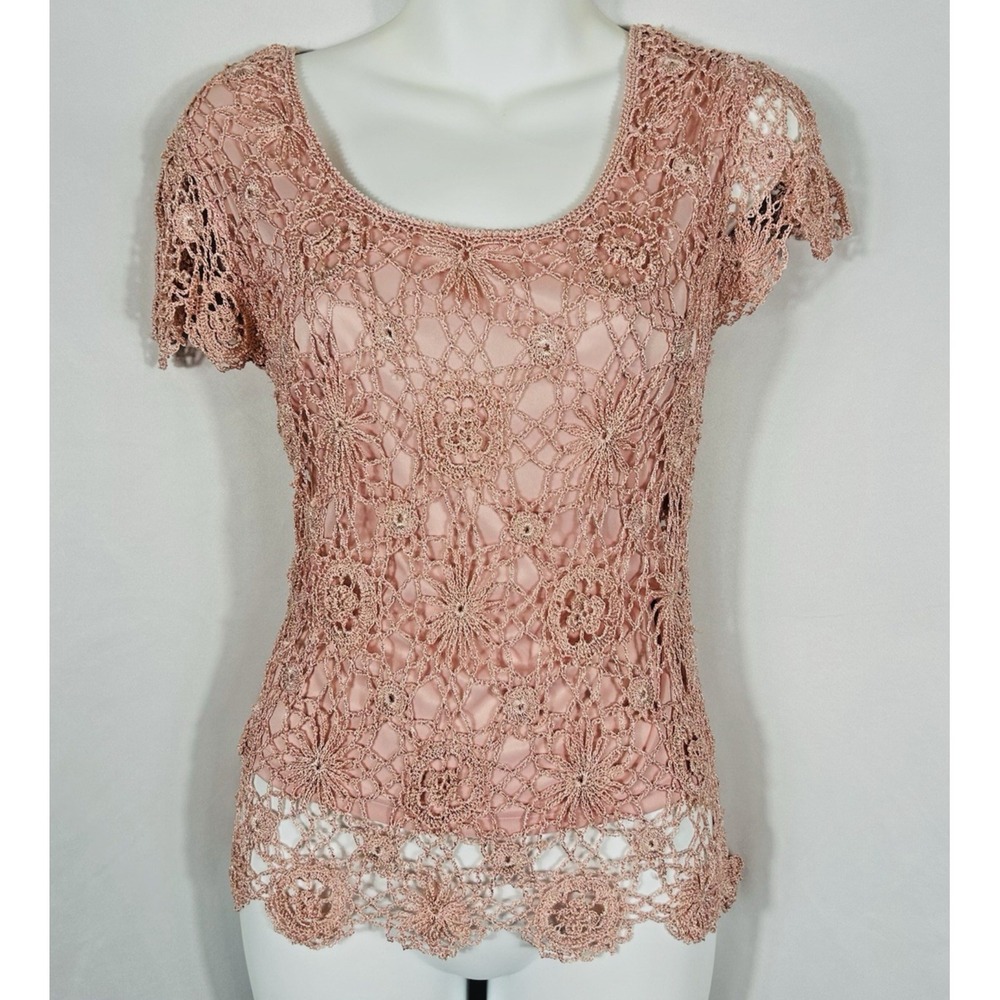 Michelle Nicole Womens Crochet Open Knit Top Size S Pink Fairy Mermaidcore Femme